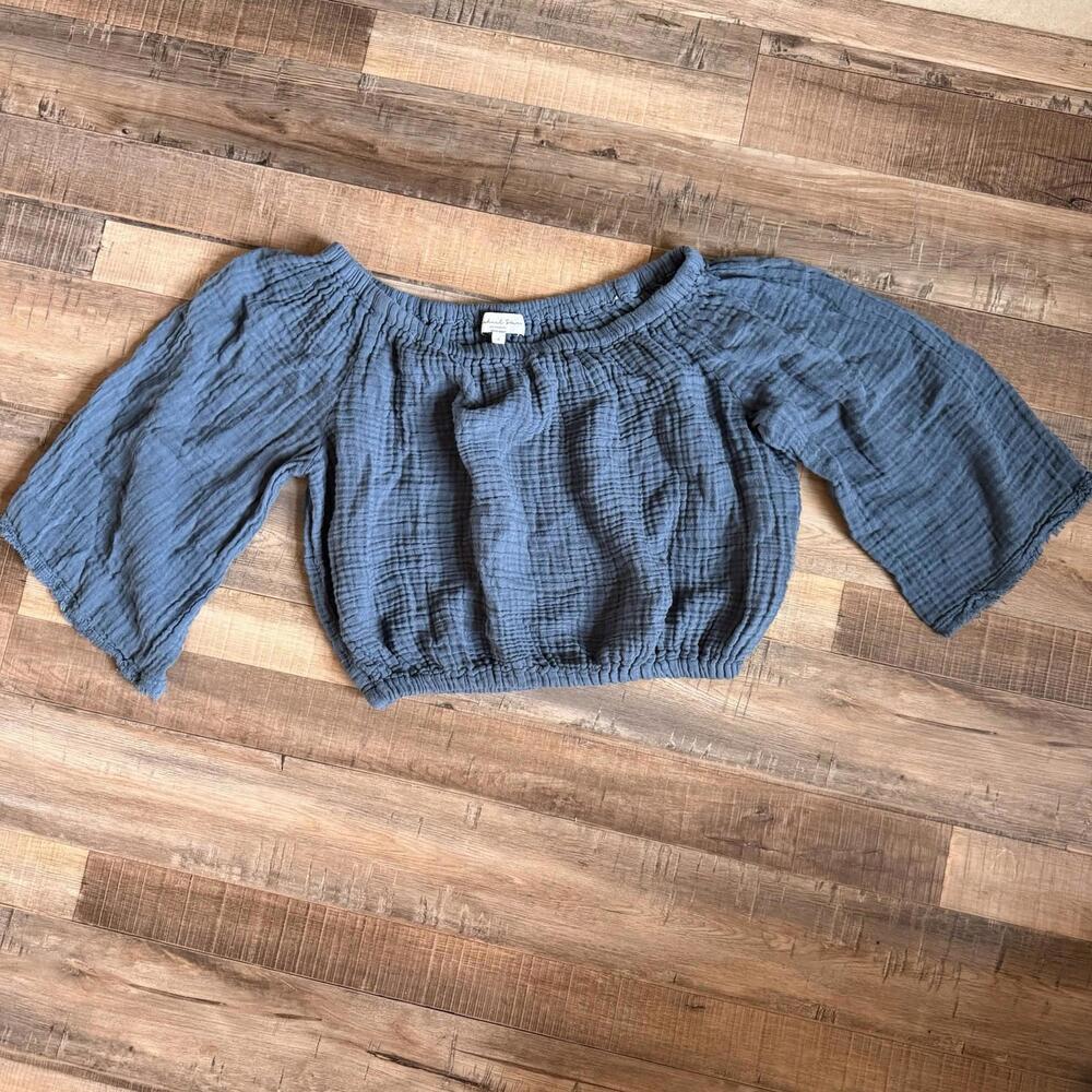 Michael Stars Blue Gauze Cotton Off-Shoulder Cropped Blouse Puff Boho Chic